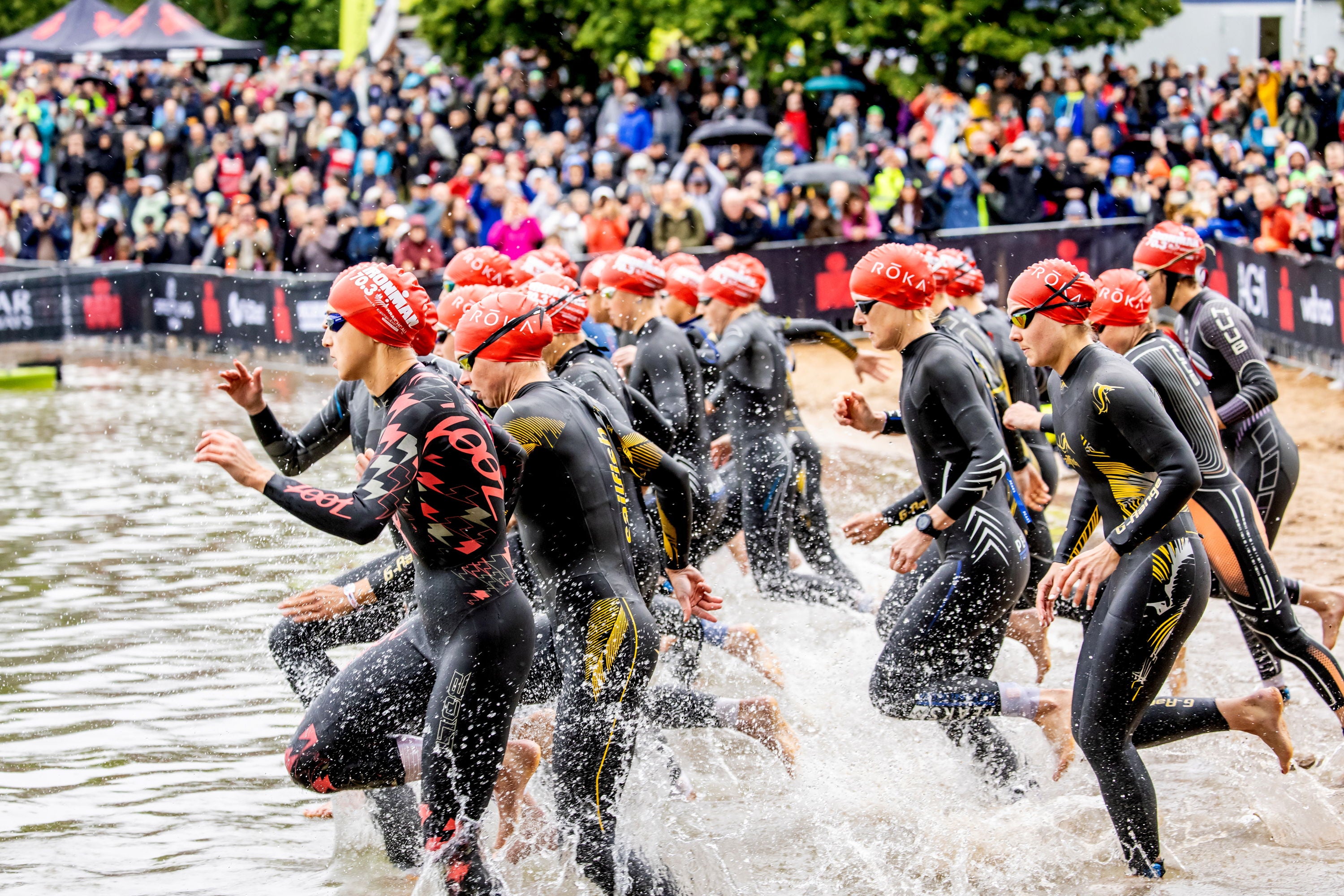 Teilnehmerinnen beim Ironman Kraichgau beim Start ins Wasser seitlich fotografiert.