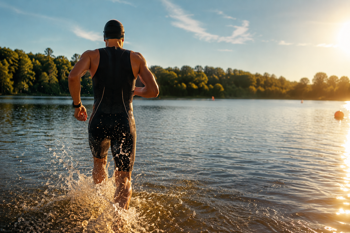 Ein Triathlet, der in einen See läuft.