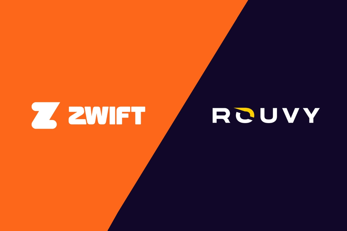 Geteiltes Titelbild mit den Logos von Zwift auf orangem Hintergrund und ROUVY auf dunklem Hintergrund, die die Zusammenarbeit beider Marken symbolisieren.