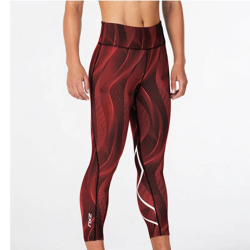 2XU Print Mid-Rise Comp 7/8 Tights, Damen, Laufhose, RedBlack Camo/White