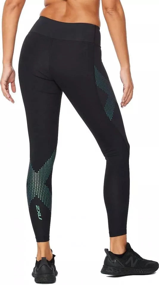 2XU Damen Mid-Rise Compression Tights, Black/Cloud Blue Dots