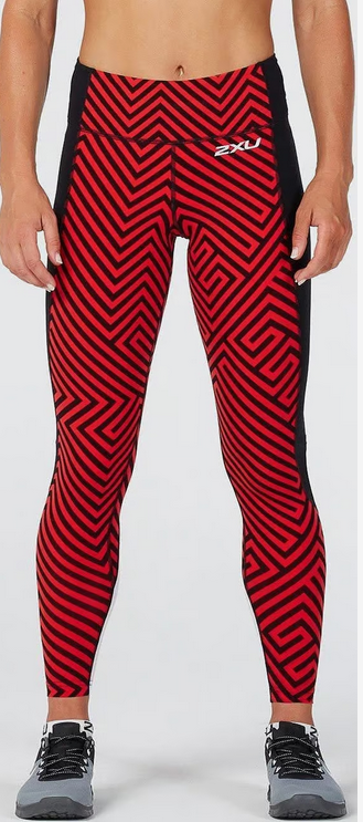 2XU Pattern Fitness Compression Tights, Damen, Red Lines/White