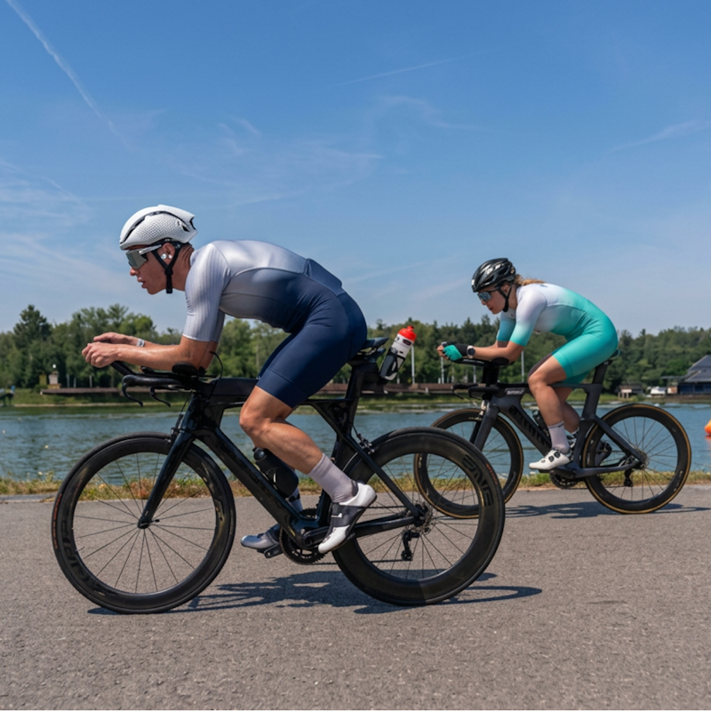Ein Triathlet und eine Triathletin von der Seite auf ihren Zwetfahrrädern