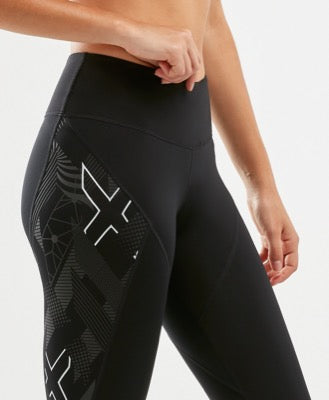 2XU Mid-Rise Textural Compression Tights, Damen, Laufhose, Black/Textural Geo