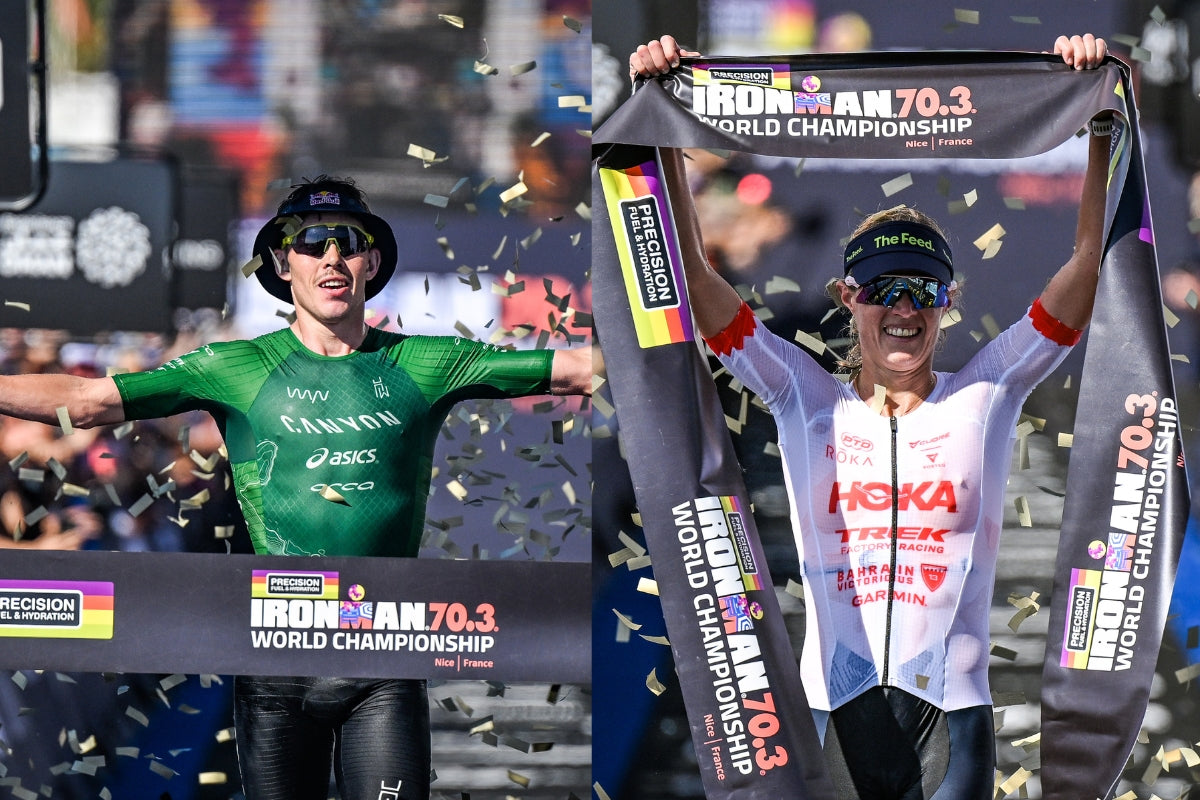 Hayden Wilde und Taylor Knibb feiern ihren Sieg bei der IRONMAN 70.3 WM 2026 in Nizza.