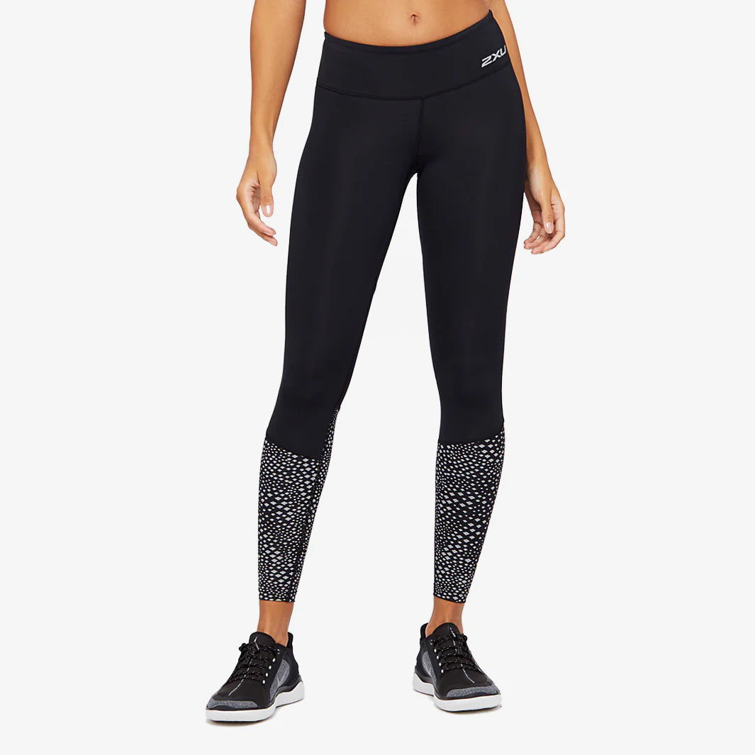 2XU Reflect Run Mid-Rise Compression Tights with Back Storage, Damen, Black/Silver Reflective