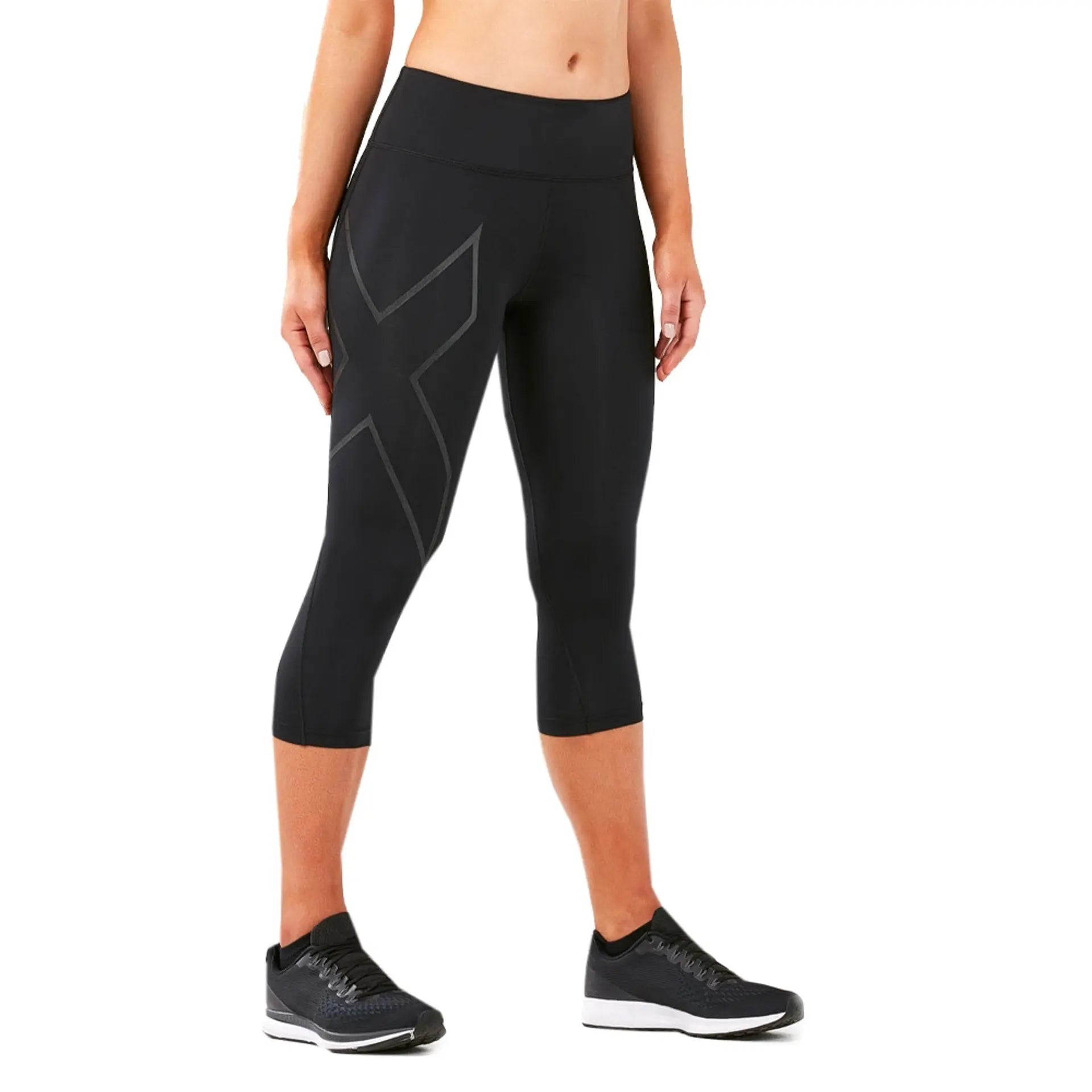 2XU Mid-Rise Compression 3/4 Run Tights with Back Storage, Damen, Black/Silver Reflective