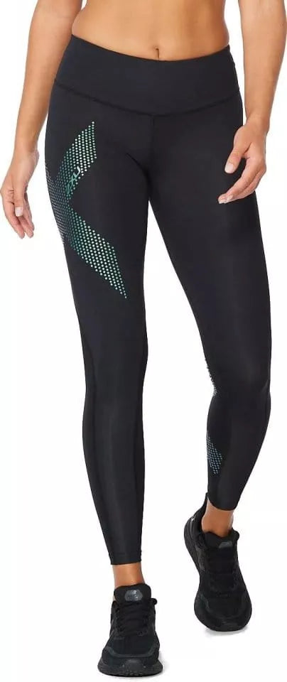 2XU Damen Mid-Rise Compression Tights, Black/Cloud Blue Dots
