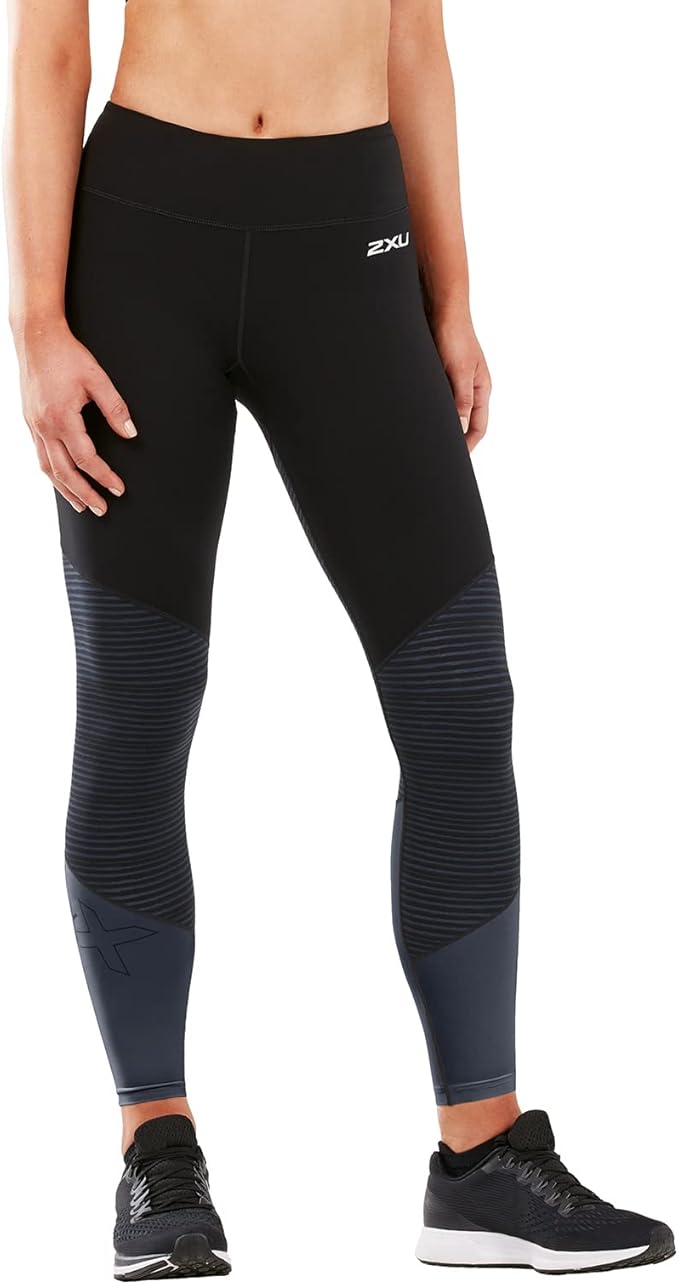 2XU Fitness Mid-Rise Compression Tights, Damen, Black/Outer Space Stripe