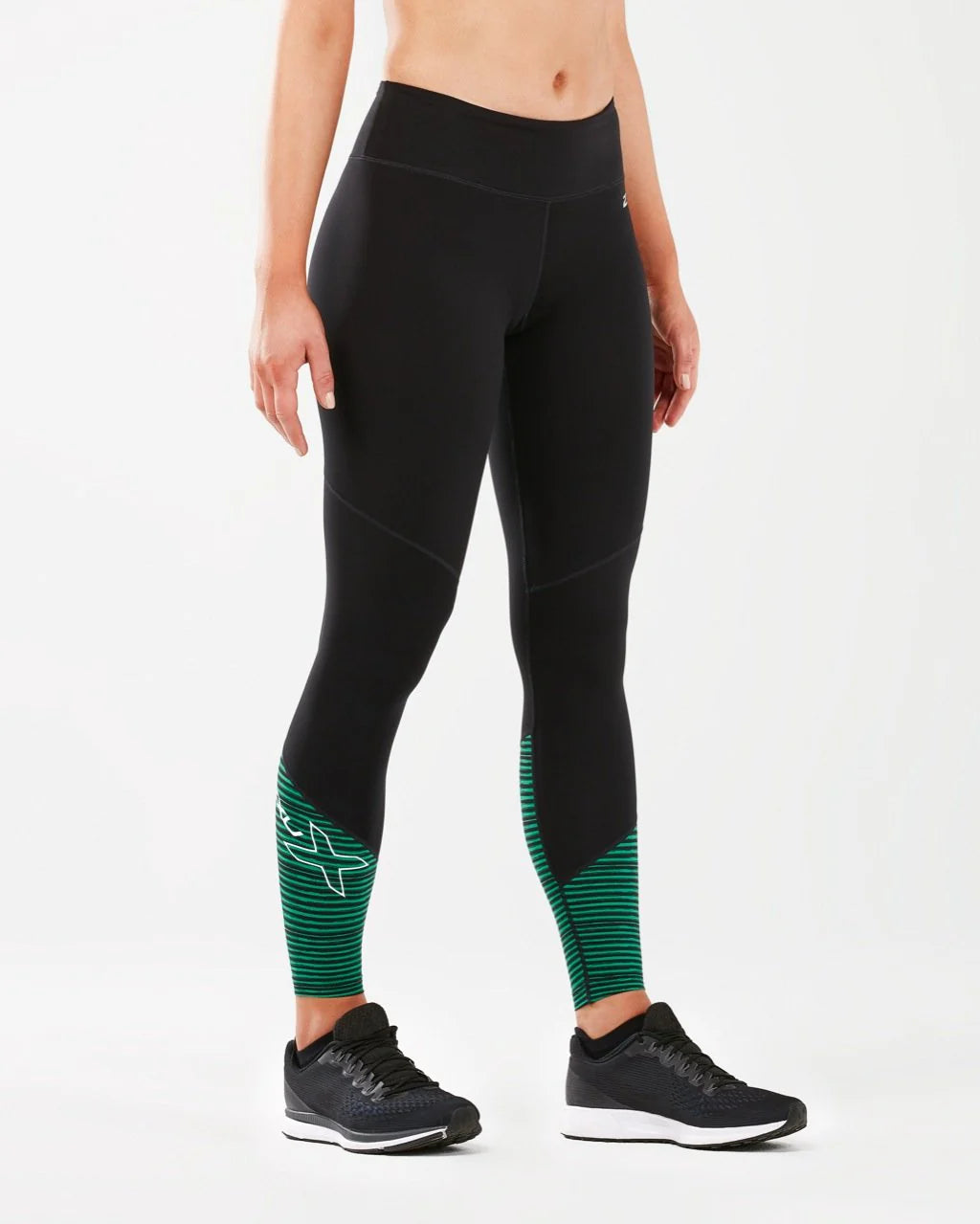 2XU Fitness Mid-Rise Compression Tights, Damen, Black/Golf Green Stripe