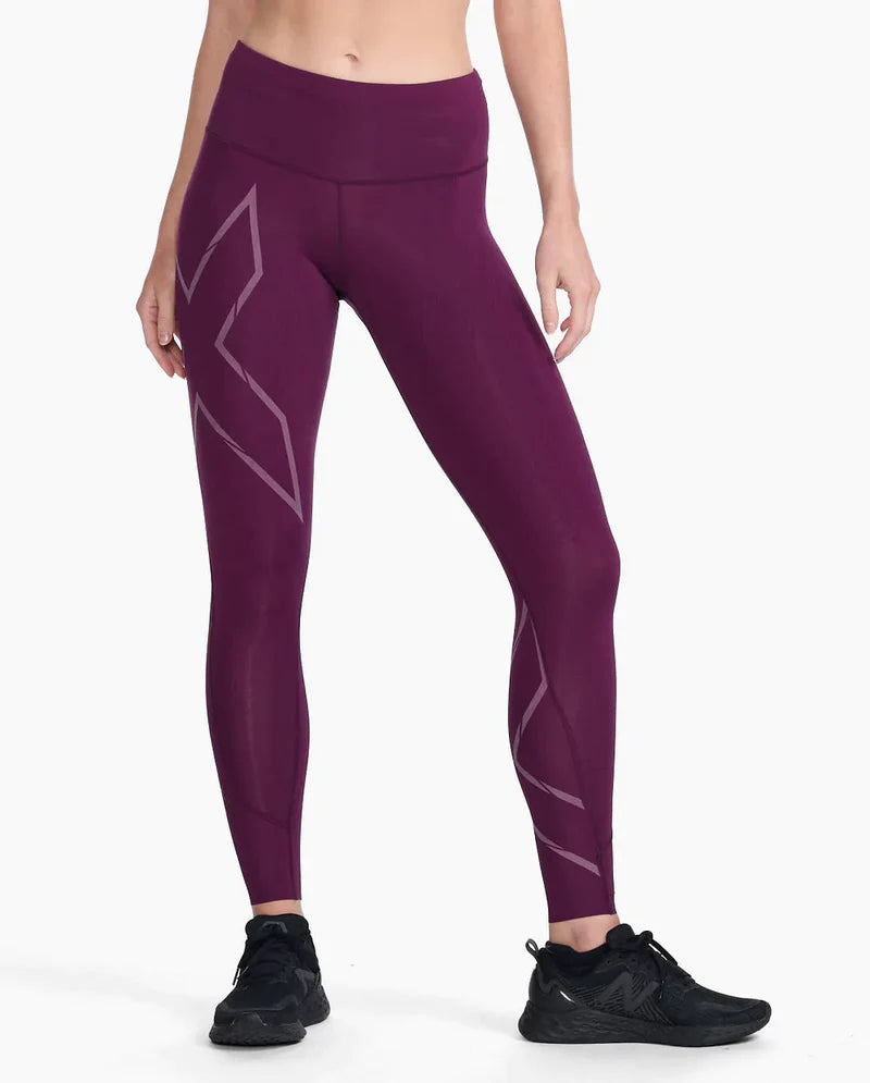 2XU Light Speed Mid-Rise Compression Tights, Damen, Laufhose, Beet/Beet Reflective