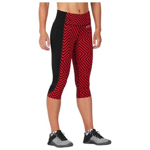 2XU Fitness Compression 3/4 Tights, Damen, Laufhose, Black/Red Lines