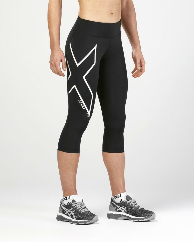 2XU ICE X Mid-Rise Compression 3/4 Tights, Damen, Laufhose, Black/Metallic White